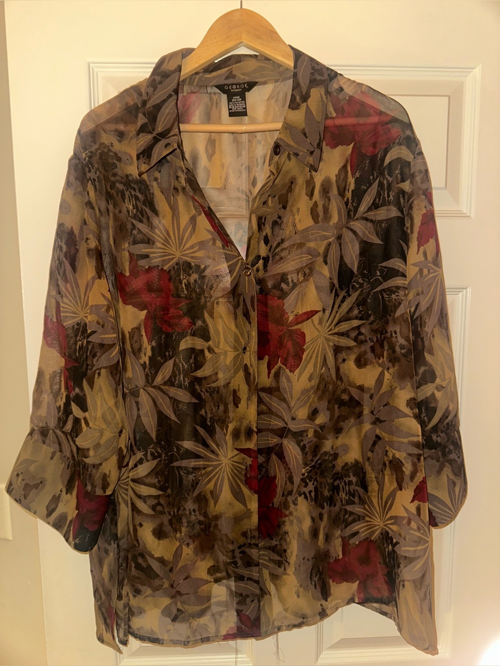 George Sheer Floral Button-Down Blouse in Tan, Red, Gray - NWOT - 26W/28W - Picture 3 of 5